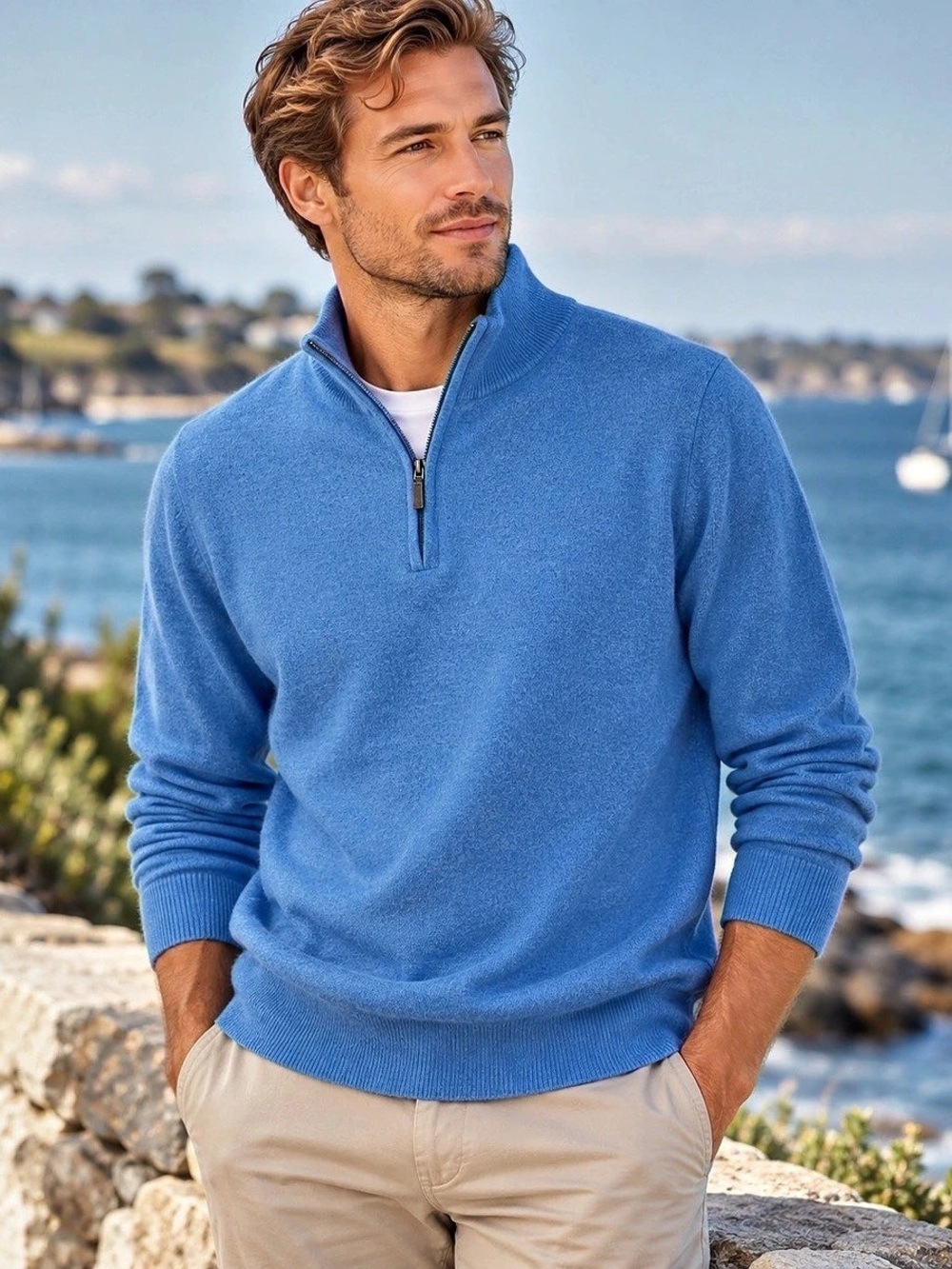 L.L.Bean XL Blue Cotton Cashmere Zip Gorpcore Travel Sweater Pullover Coastal